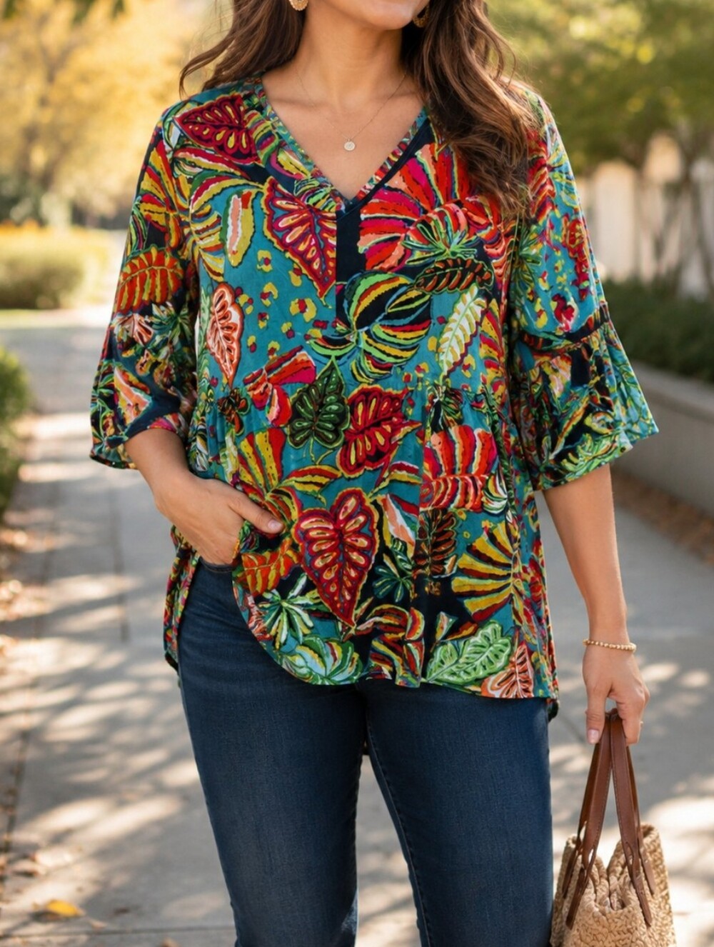 Orientique Teal Tropical Print V-Neck Bell Sleeve Rayon Fall Boho Vacation Top